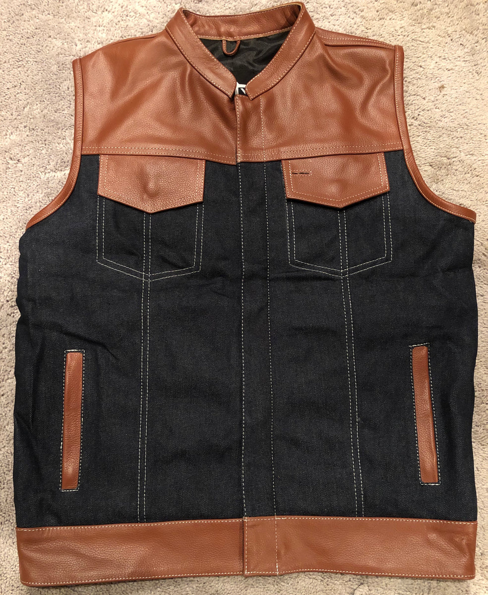 Brown Leather and Blue Denim Hybrid Riding Vest – American Outlaw Gear